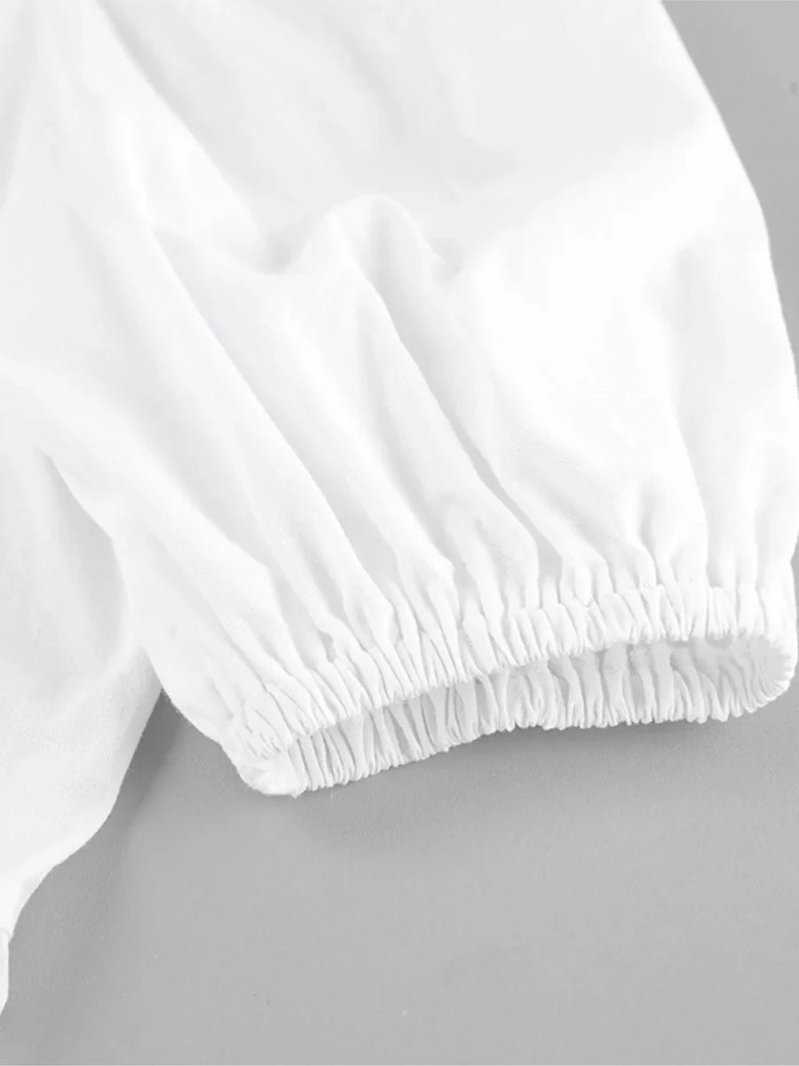 maoxiangshop  -  Autumn New White Puff Sleeve Blouse Women 2024 O Neck Short Sleeve Lace-up Shirts Tops French Elegant Casual Fashion Blouses