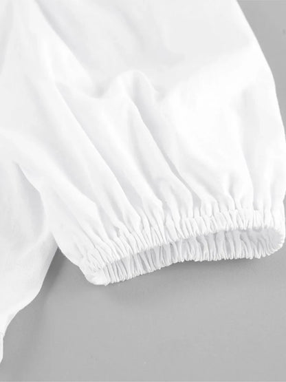 maoxiangshop  -  Autumn New White Puff Sleeve Blouse Women 2024 O Neck Short Sleeve Lace-up Shirts Tops French Elegant Casual Fashion Blouses