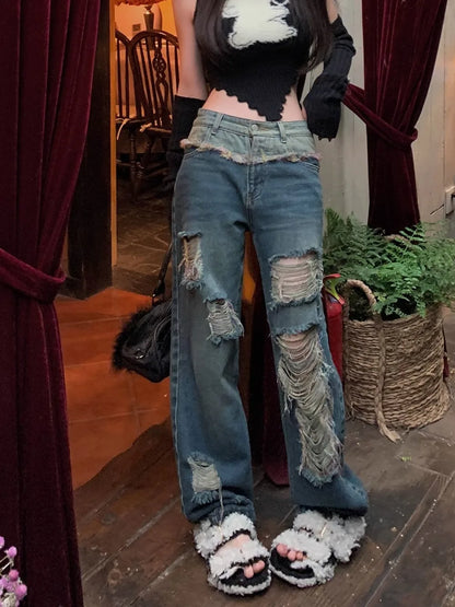 maoxiangshop  -  2024 New Hole Jeans Women High Waist American Style Street Retro Chic All-match Summer Gothic Loose Contrast Color Y2k Trouser