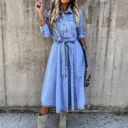 maoxiangshop Women Sexy Button V Neck Washing Denim Dress Casual Summer Short Sleeve Long Dress Spring Vintage Fashion Jean Party Dress