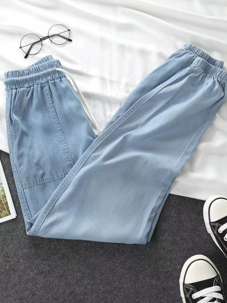 Women Pants Summer New 2023 LOOSE Lace-up Thin High Elastic Woman Jeans Oversize Trousers Soft Cool Female Casual Denim Pants