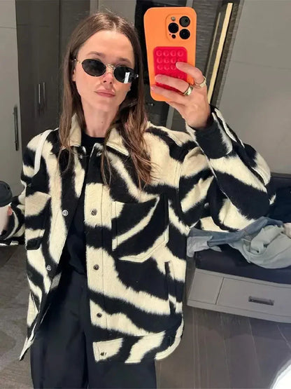 maoxiangshop  -  Women Elegant Zebra Printed Single Breasted Jacket Fashion Lapel Long Sleeves Loose Coat Autumn Chic Lady Commuting Outerwear