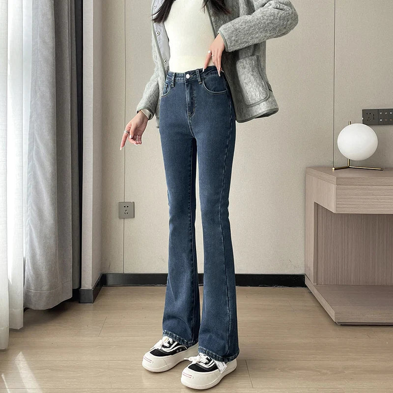 maoxiangshop Fashion New Women Warm Plush Flared Jeans Thermal Fleece Loose Denim Pants Female High Waist Urban Straight Flare Trouser