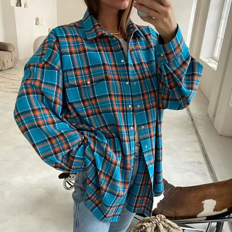 maoxiangshop -  Vintage Plaid Blouses Womans Loose Long Sleeve Shirt Autumn Winter Casual Single Breasted Shirt with Pockets Female Tops