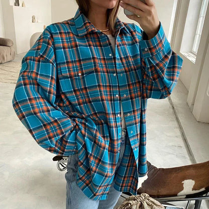maoxiangshop -  Vintage Plaid Blouses Womans Loose Long Sleeve Shirt Autumn Winter Casual Single Breasted Shirt with Pockets Female Tops