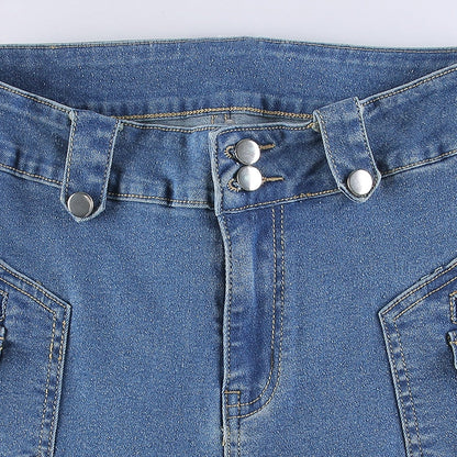 maoxiangshop Y2K Aesthetics Retro Buttons Full Length Blue Denim Pants Women Slim Streetwear 2000s Cute Pockets Trim Low Rise Jeans