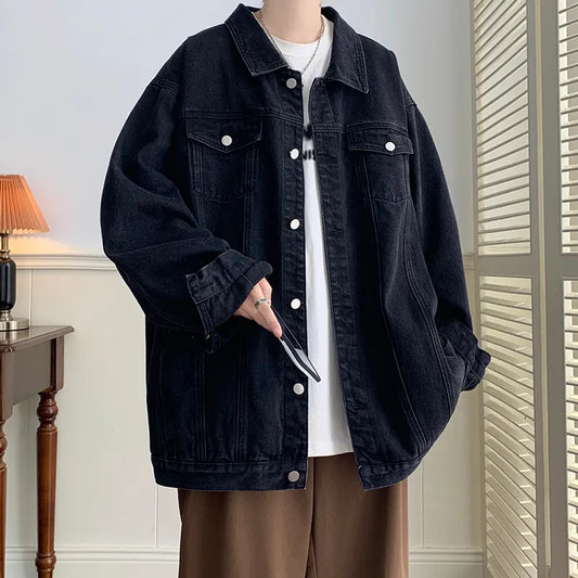 maoxiangshop Plus Size 5XL-M Black Denim Jacket Mens Turn Down Collar Jeans Coats Multi-pockets Overalls Streetwear Loose Casual Men Clothing