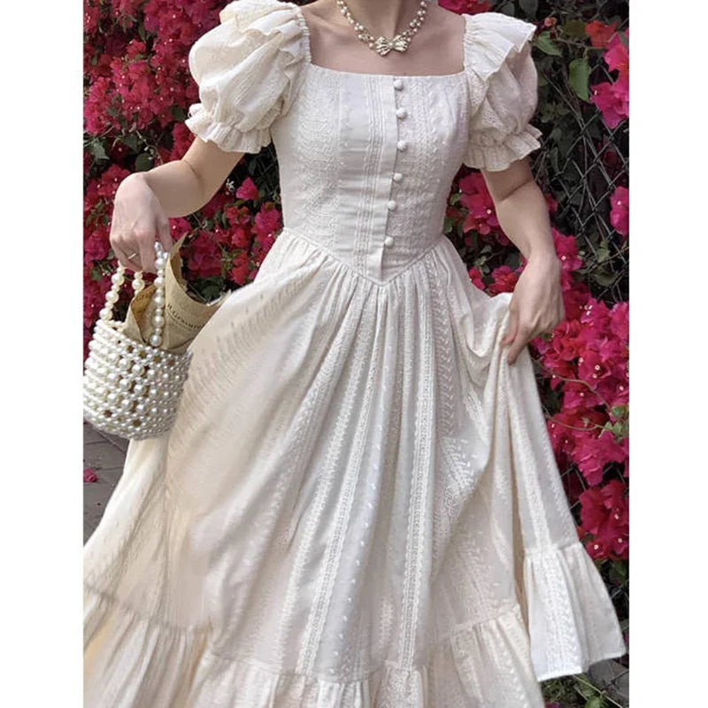 maoxiangshop Elegant Square Collar White Dress Summer Fashion Puff Sleeve Ruffle Dress for Women 2024 Chic Vintage Maxi Dresses