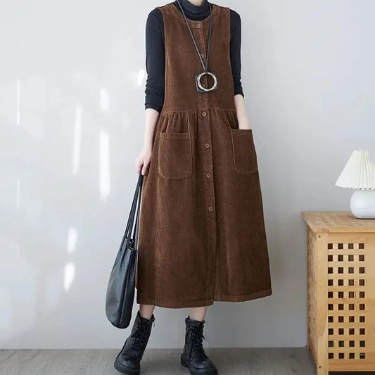 maoxiangshop New Spring Autumn Womens Corduroy Dress Vestidos Retro Fashion Femal Long Casual Dresses Single-Breasted Sleeveless Vest Dresses