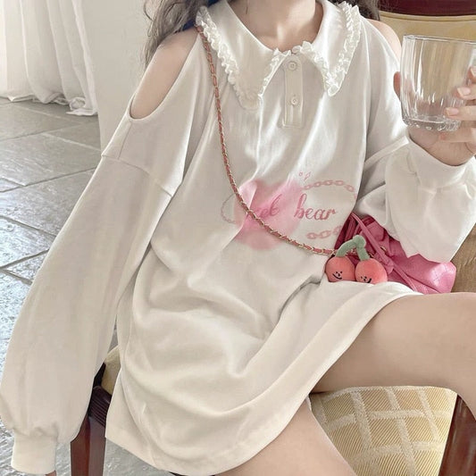 maoxiangshop HOUZHOU Kawaii White Hoodies Women Japanese Cute Heart Print Off-shoulder Long Sleeve Sweatshirt Soft Girl Korean Fashion Top