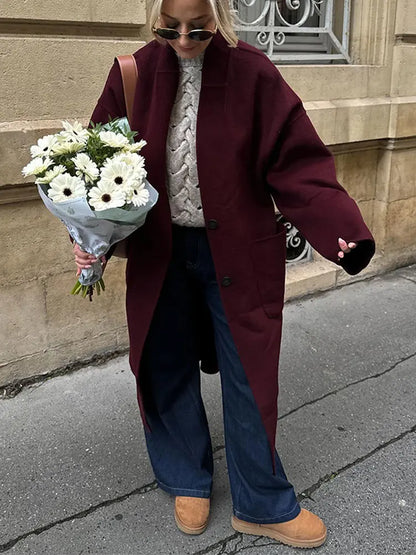 maoxiangshop -  Loose Red Wool Long Trench Overcoat Women Winter Long Sleeve Thick Warm Coat Female Fashion Office Lady Cardigan Outwear