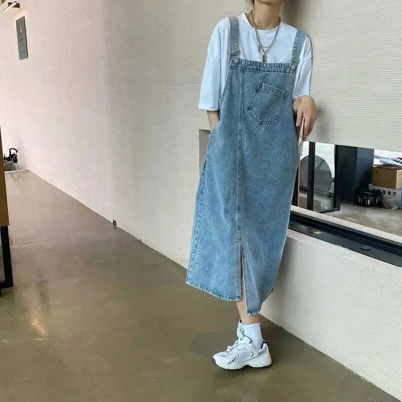 maoxiangshop Spring Summer Denim Overall Dress Women Sleeveless Jeans Dresses Fashion Female Solid Slip Casual Loose Spaghetti Strap Dresses