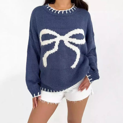 maoxiangshop  -  Bow Jacquard Loose Sweater Women's Autumn/Winter Casual Color Contrasting Knitted  Knitted Pullovers Fashion Streetwear