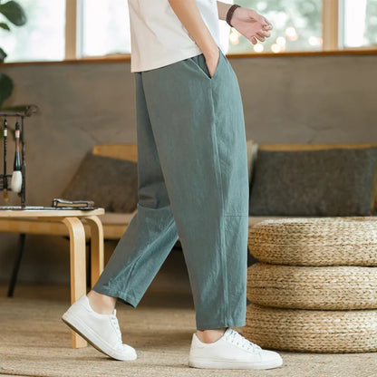 maoxiangshop Summer Men's Trousers Cotton Linen Fashion Casual Pants Solid Color Breathable Loose Shorts Straight Pants Streetwear M-5XL