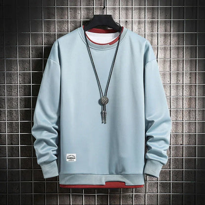 maoxiangshop Mens Casual Sweatshirts Fashion Fake Two Pieces O Neck Hoodies Men Harajuku Streetwear Tops Spring Autumn Solid Male Sweatshirt