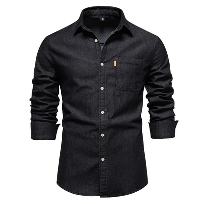 maoxiangshop Autumn New Cotton Men's Denim Shirt Solid Color Single Pocket Casual Long Sleeve Shirt Autumn Jeans Shirt for Men
