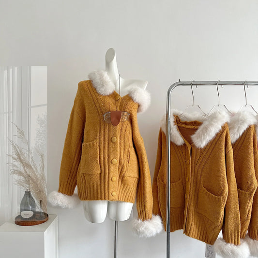 maoxiangshop  -  Lazy Style Hooded Loose Casual Solid Color Knitted Sweater for Women Winter Fur Collar Thick Vintage Cardigan Women Clothing