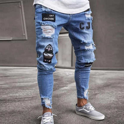 maoxiangshop Men Jeans Knee Hole Ripped Stretch Skinny Denim Pants Solid Color Black Blue Autumn Summer Hip-Hop Style Slim Fit Trousers S-4XL