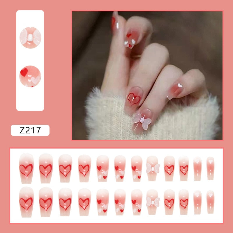 24pcs French Fake Nails Short Art Nail Tips Press Stick on False with Designs Full Cover Artificial Pink Wearable Clear Tips