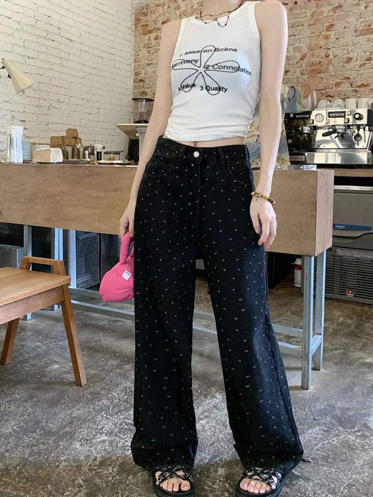 Y2k Black Polka Dot Jeans Women Vintage High Waist Loose Wide Leg Pants Korean Streetwear Fashion Casual Straight Trousers