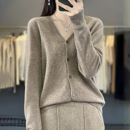 maoxiangshop New Fashion Spring Autumn 100% Merino Wool Women's V-neck Cardigan Cashmere Sweater 2024 Female Knitwear Clothing Korean Tops