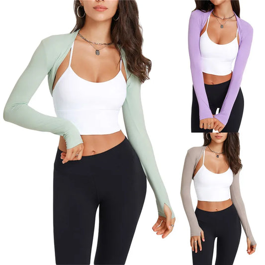 maoxiangshop-Women Long Sleeve Bolero Shrug Yoga Open Front Cropped Cardigan Sleeves to Cover Arms Workout Tops for Exercise Sports Gym Y2k