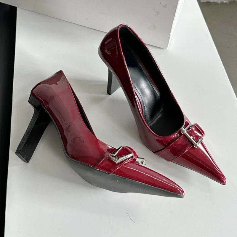 maoxiangshop  -  Patent Leather Sexy High Heels Women Metal Buckle Pointed Designer Pumps Female 2024 Fall Fashions Elegant Office Women Shoes