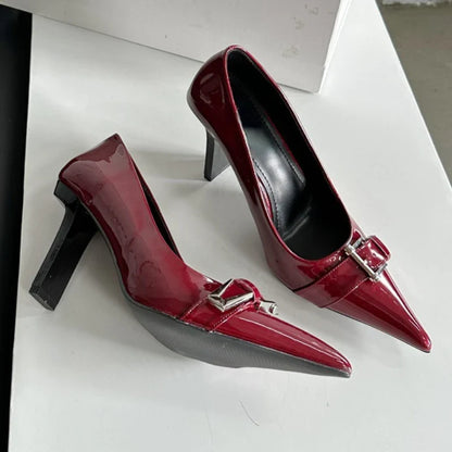 maoxiangshop  -  Patent Leather Sexy High Heels Women Metal Buckle Pointed Designer Pumps Female 2024 Fall Fashions Elegant Office Women Shoes