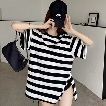 maoxiangshop Striped T-shirts Women Slit M-4XL Streetwear Loose Summer Simple Short Sleeve All-match Students Ulzzang Fashion Casual Ins BF