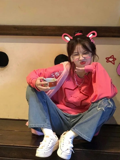 maoxiangshop Deeptown Harajuku Kawaii Star Graphic Sweatshirt Women Japanese Style Oversized Hoodies Vintage Loose Casual Y2K Tops Streetwear