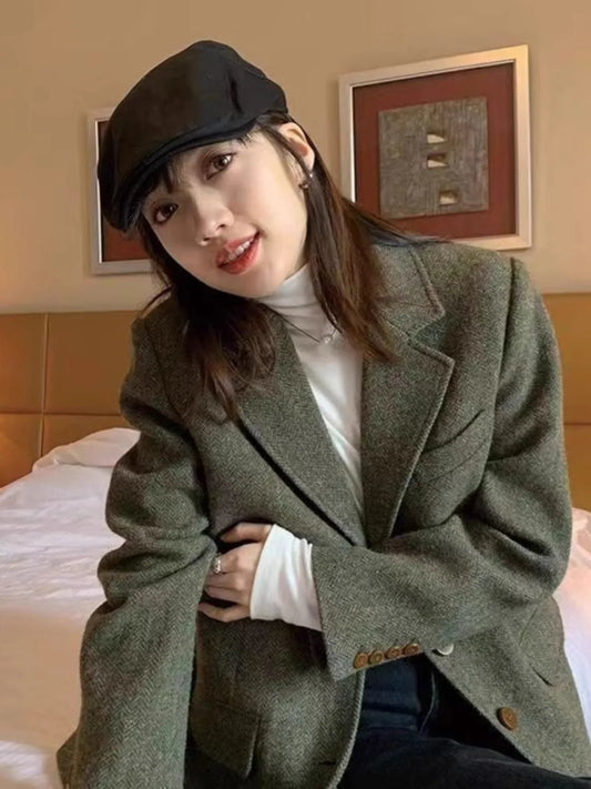 maoxiangshop  -  Retro Herringbone Patterned Suit Jacket For Women's Autumn And Winter New Style, High-Quality Loose Wool Jacket