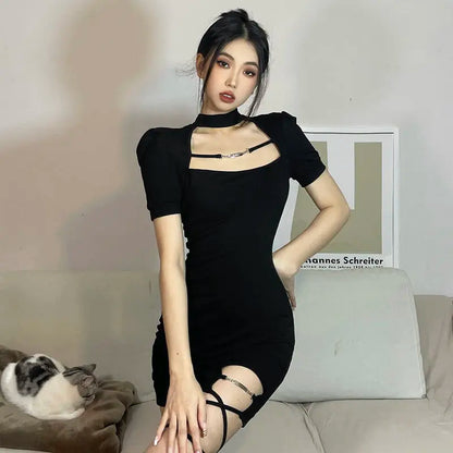 maoxiangshop New Vintage Black Bandage Sexy Dress Spice Girls Hollow Out Short Sleeve Dress Women's Sweet Spicy Thin Skirt Halloween