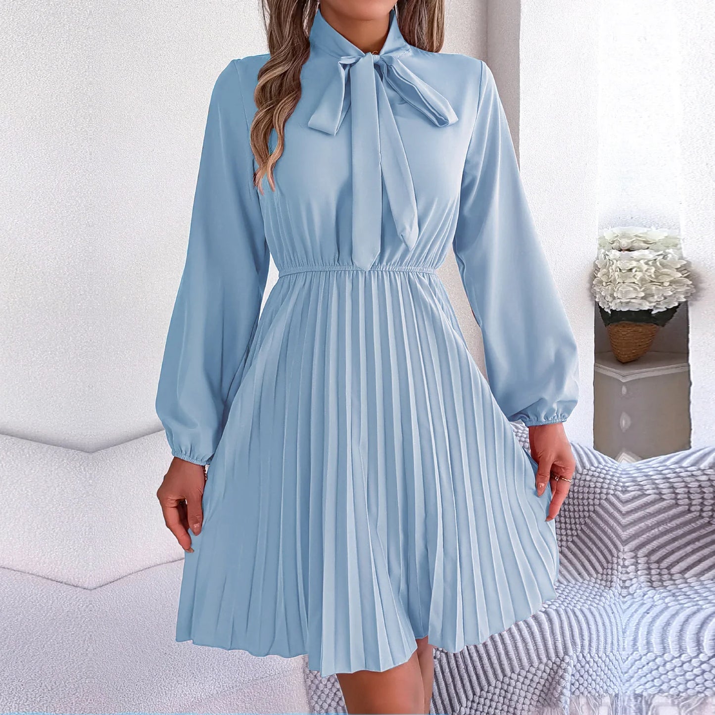 maoxiangshop Women's New Autumn Winter Temperament Lace Up Solid Color High Waist Long Sleeve Pleated Dress