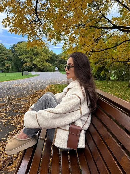 maoxiangshop  -  Vintage Lamb Wool Lapel Jackets Women Casual Warm Plush Zipper Pockets Jacket Coats Female Winter Chic High Street Outwear