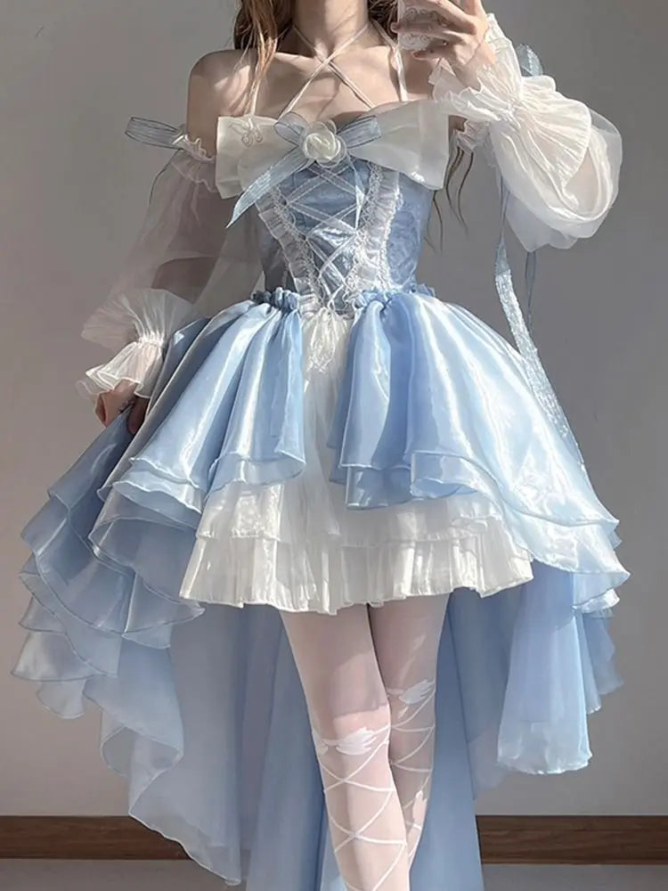 maoxiangshop French Romantic Style Lolita Op Elegant Girl Cosplay Princess Puff Sleeve Ribbon Bowknot Flower Tunic Mesh Fantastic Fairy Dress