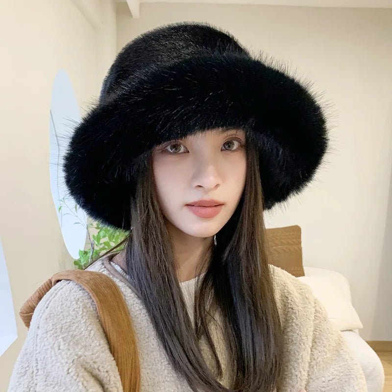 maoxiangshop Winter Hat for Women Faux Fur Fluffy Bucket Hat for Women Luxury Plush Hat Thicken Snow Oversized Fur Bucket Hat Soft Panama Cap