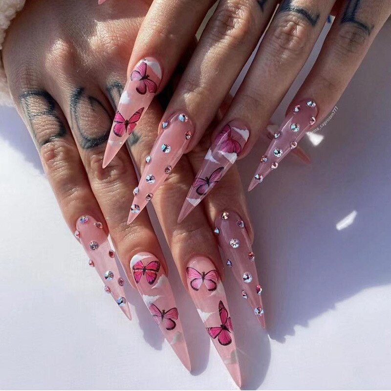 24Pcs Long Stiletto Fake Nail Pink Marble Design Wearable French Almond False Nails Full Cover Press on Nails DIY Stick on Nails