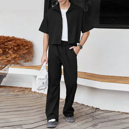 maoxiangshop 2024 Men Sets Solid Color Streetwear Lapel Short Sleeve Shirt & Pants Two Pieces Sets Fashion Men's Casual Suits S-5XL