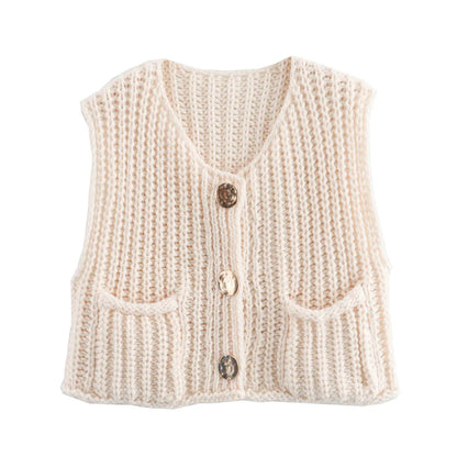 maoxiangshop  -  Pocket Solid Color Cardigan Women 2024 Autumn New O Neck Single Breasted Sleeveless Cropped Sweater Casual Fashion Knitted Vest