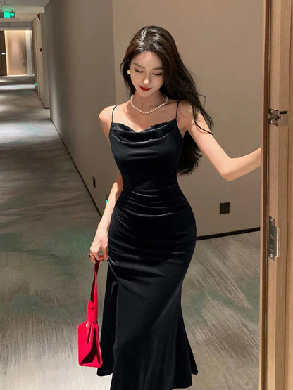 maoxiangshop Vintage Sexy Prom Red Long Dresses for Women Spaghetti Strap Slit Velvet Beach Bandage Bodycon Midi Dress Party Elegant  New