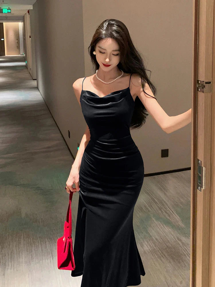 maoxiangshop Vintage Sexy Prom Red Long Dresses for Women Spaghetti Strap Slit Velvet Beach Bandage Bodycon Midi Dress Party Elegant 2024 New