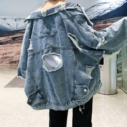 maoxiangshop Fashion Blue Ripped Denim Jacket Y2K Distressed Streetwear Hip Hop Broken Hole Jeans Biker Jackets Men's Spring Jackets