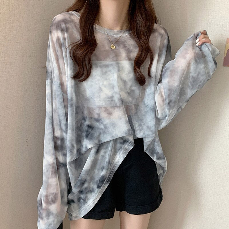 maoxiangshop Tie Dye Long Sleeve T-shirts Women Breathable Summer O-neck Design Mesh Sun-proof Loose Tshirts Korean Style All-match Tops Chic