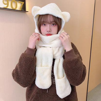 maoxiangshop Cute Bear Ear Hat Scarf Set Kawaii Women Winter Beanies Caps Warm Casual Plush Hat Casual Female Keep Wammer Anime Gift