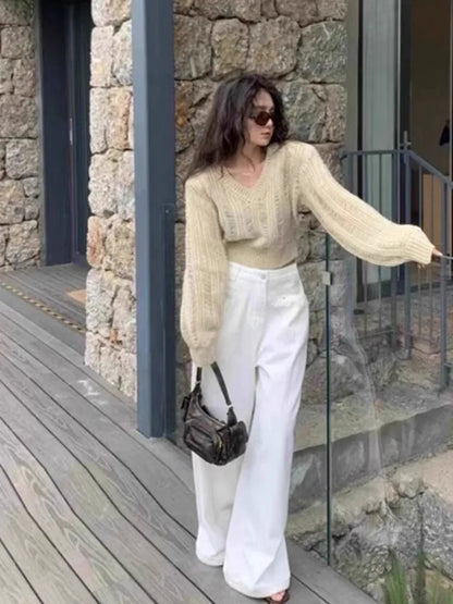maoxiangshop  -  Unique Design Hollow V-Neck Sweater Women's Autumn And Winter Solid Color Versatile Slimming Knit Sweater