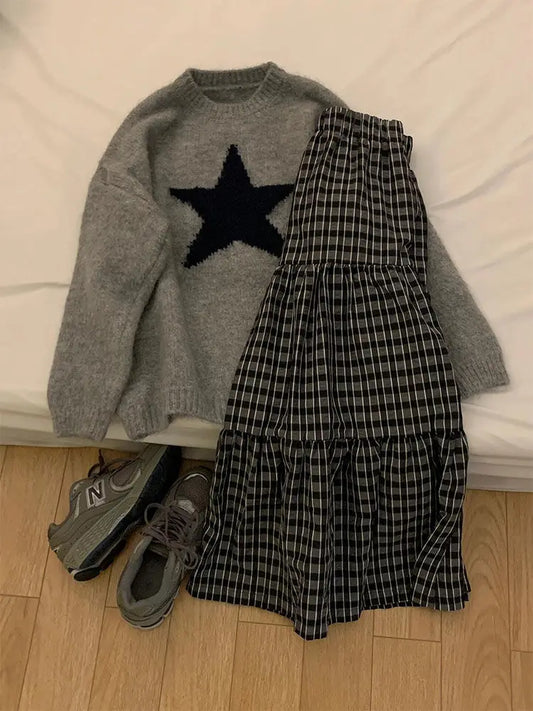 maoxiangshop  -  Autumn/Winter New Retro Casual Two Piece Set Women Outfits Simple Grey Round Neck Knitted Sweater+Plaid Skirt Maxi Skirt Set