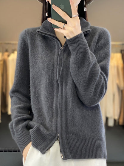 Women's 100% Merino Wool Knitting Sweater Clothing Autumn/Winter Casual Loose Top Fashion Korean Cashmere Large Zipper Jacket