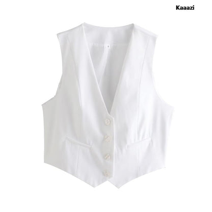 Elegant Fashion Women's Vest 2023 Sleeveless Vests For Women Summer V-Neck Single-breasted Ladies White Casual Tops Coats Chic