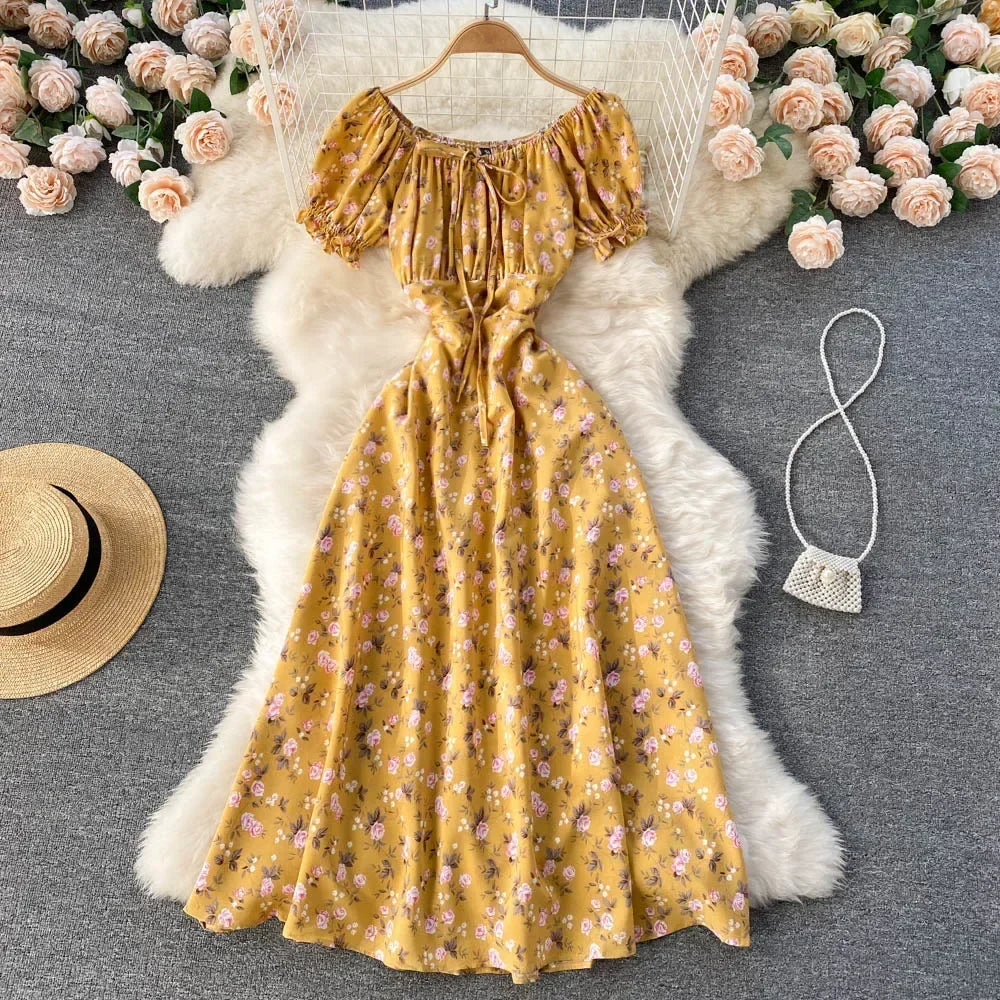 maoxiangshop Women Floral Dress Bohemian A-Line Slash Neck Short Sleeves Dress Summer Vintage Beach off Shoulder Polka Dot Sundress