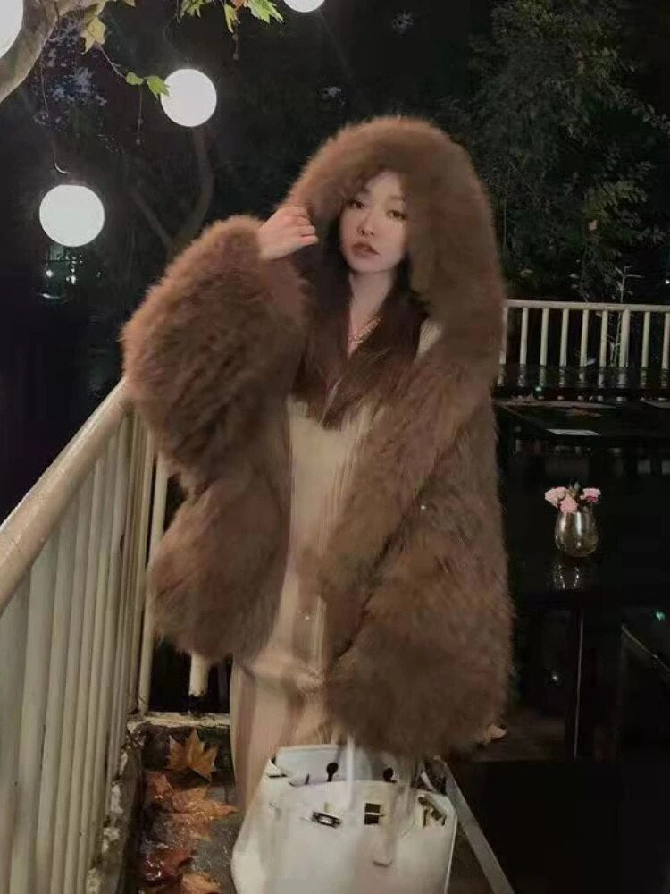 Women's Coat New In Fashion Hooded Solid Color Jacket Elegant Tops Temperament Style Winter Commuting Streetwear Fur Coat Women